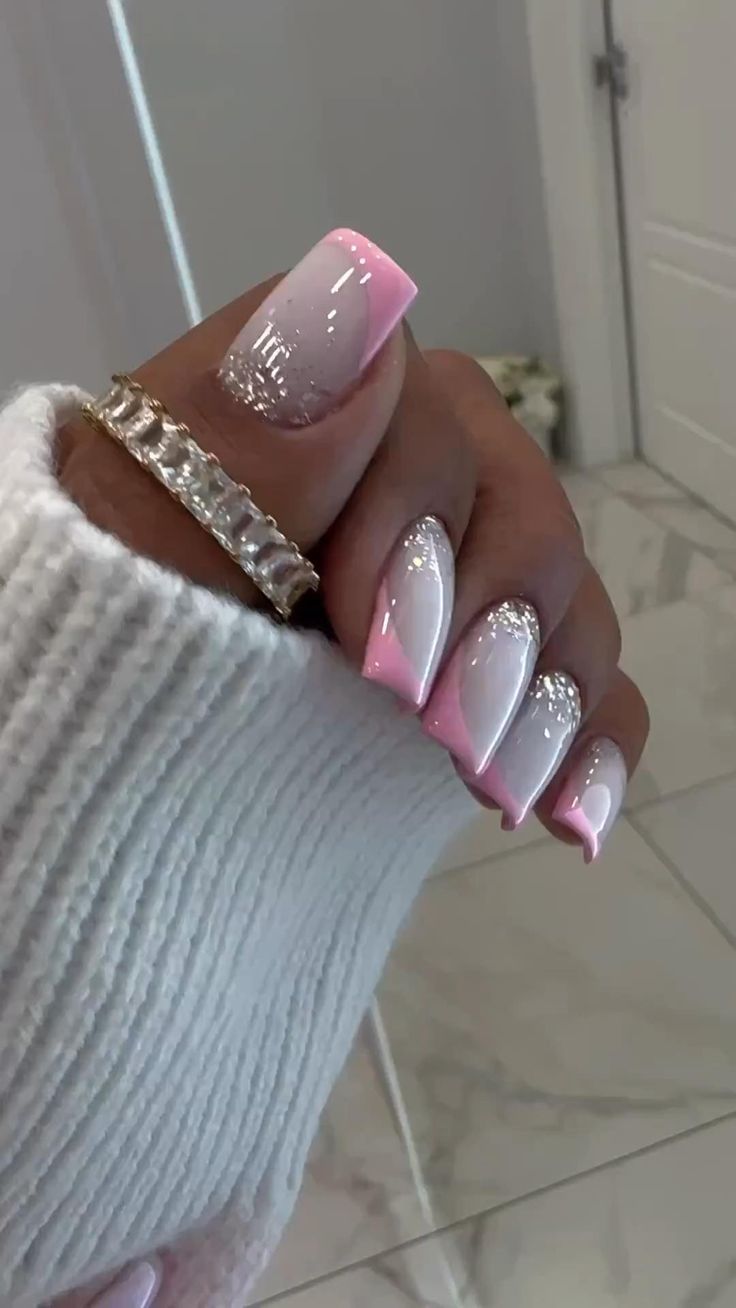 Chic Pink and White Ombre Nails with Glitter: A Stylish Trend for Any Occasion