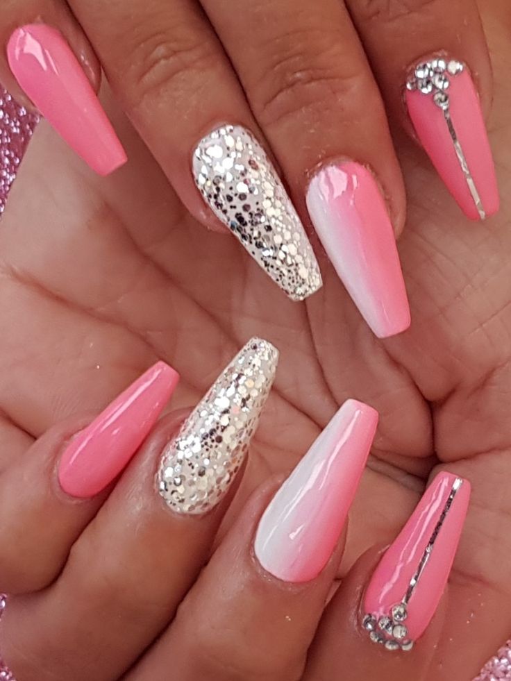 Chic Pink and Silver Almond Nail Design with Sparkly Accent.