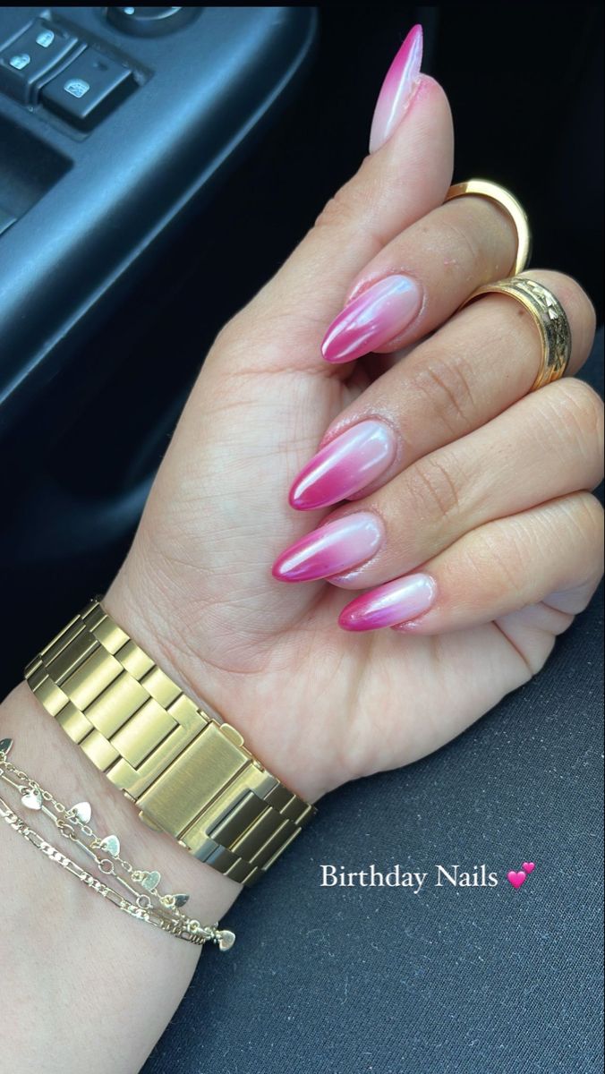 Elegant Ombre Birthday Nails: Soft Pink to Vibrant Hot Pink with Almond Shape and Shimmer Finish.