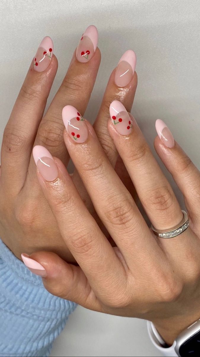 Charming Pink Nail Design with Delicate Red Dots and Whimsical White Lines.