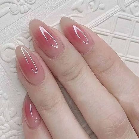 Elegant Oval Nude Ombre Nails with White Line Art