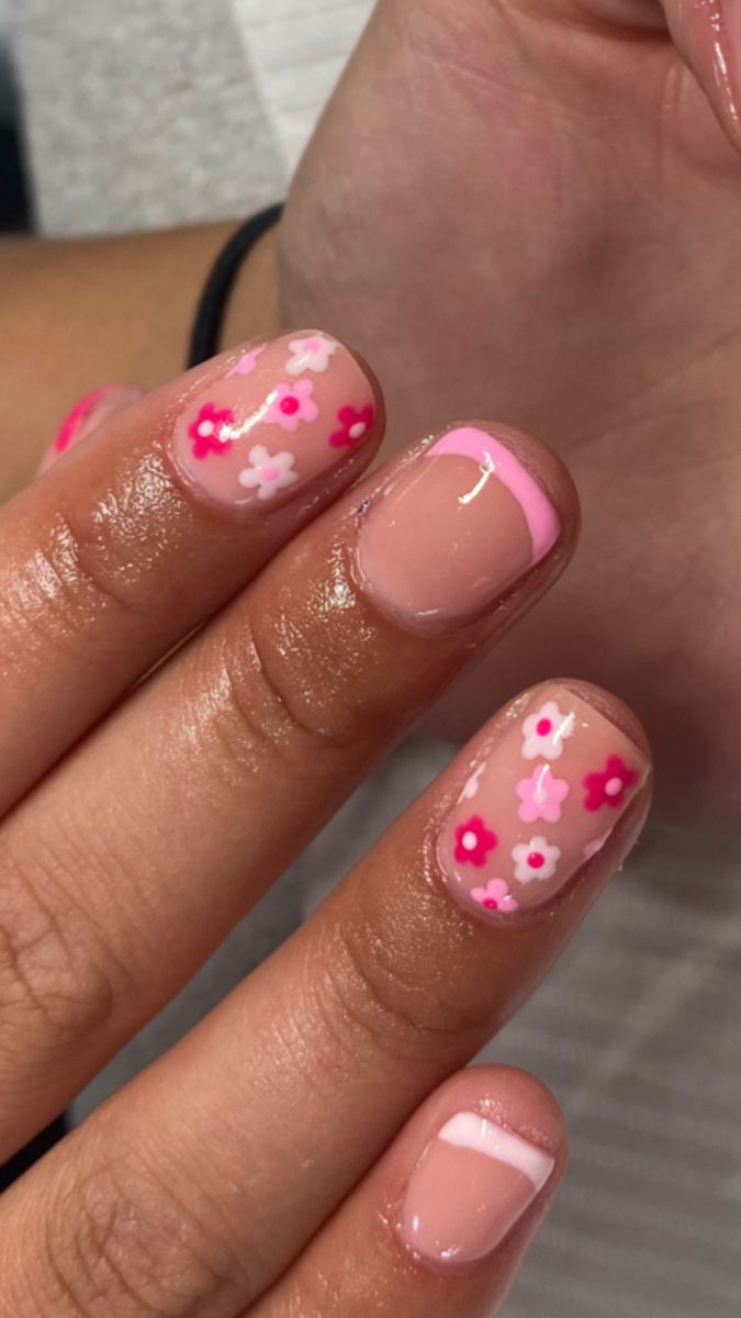 Whimsical Pastel Floral Nail Design with Chic French Tips