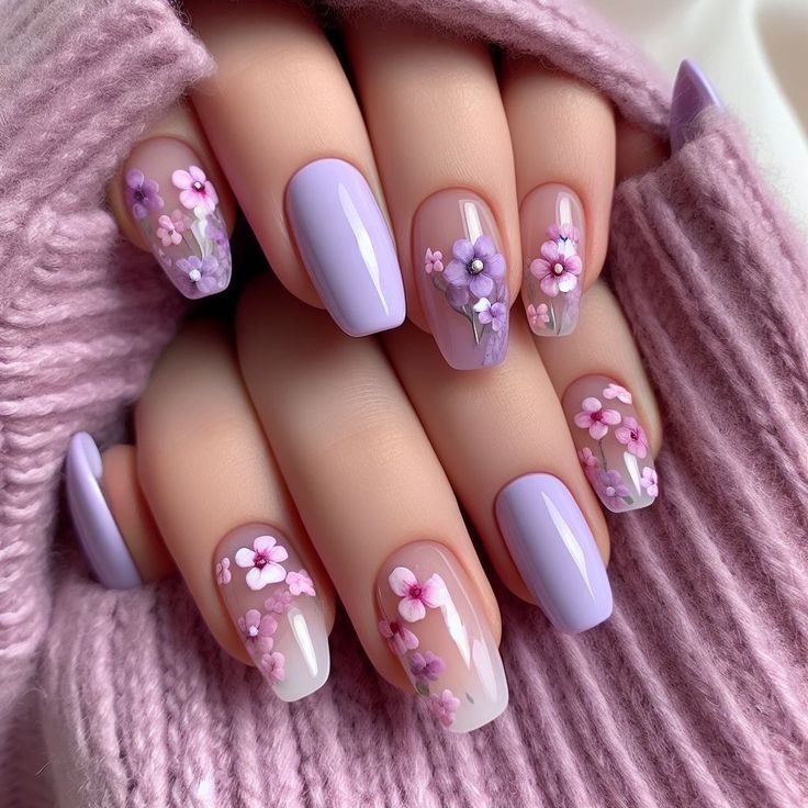 Whimsical Floral Nail Design in Soft Lavender and White for a Fresh Spring Look