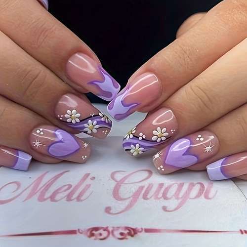 Elegant Heart and Floral Pink-Lavender Nail Design with Glossy Accents.