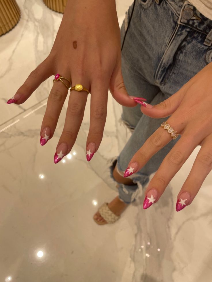 Vibrant Pink Tip Nail Design with White Star Accents for a Fun, Youthful Vibe.