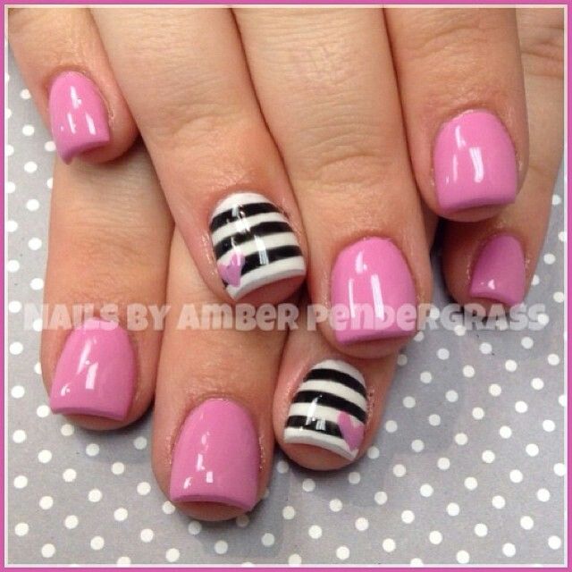 Chic Pink and Striped Nail Design with Feminine Heart Accent