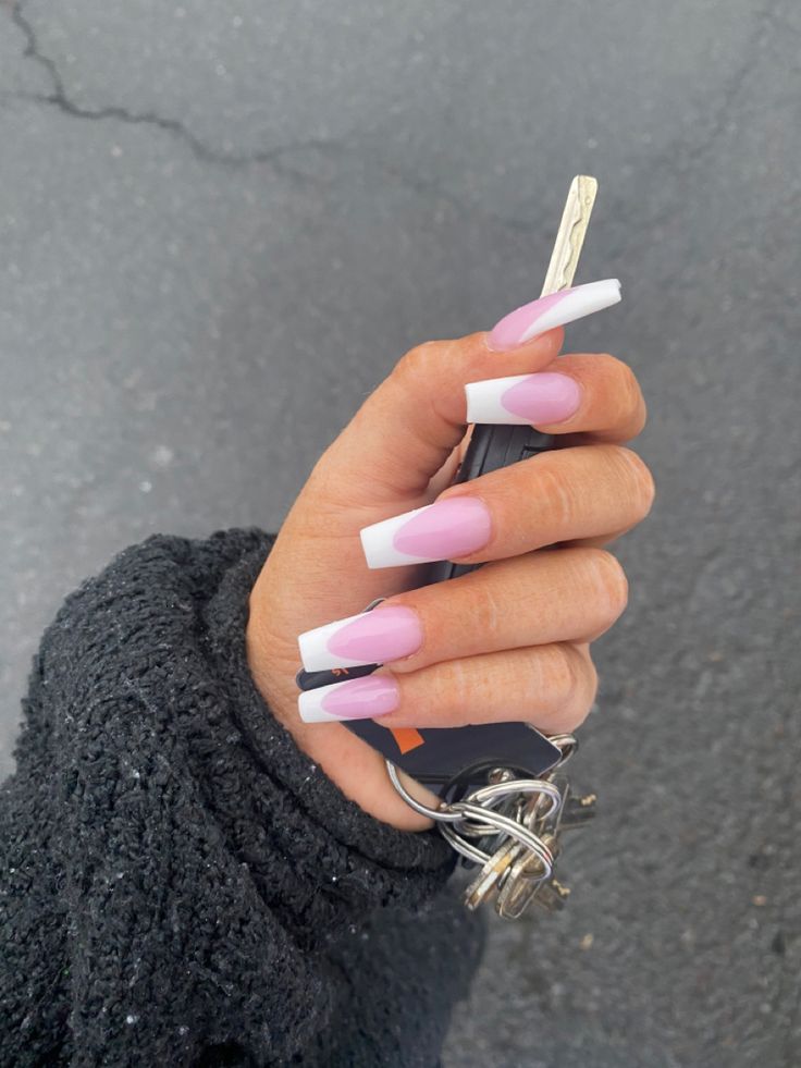 Chic Long Acrylic Nails: Elegant French Manicure in Soft Pink and White Tips