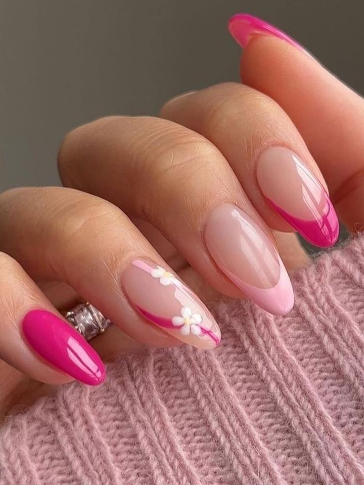 Chic Floral Pink and Nude Nail Design with Glossy Finish.