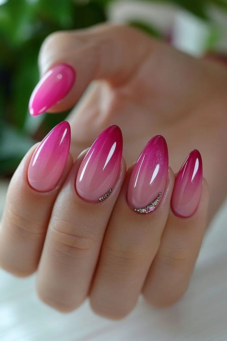 Elegant Ombre Pink Nail Design with Rhinestone Accents