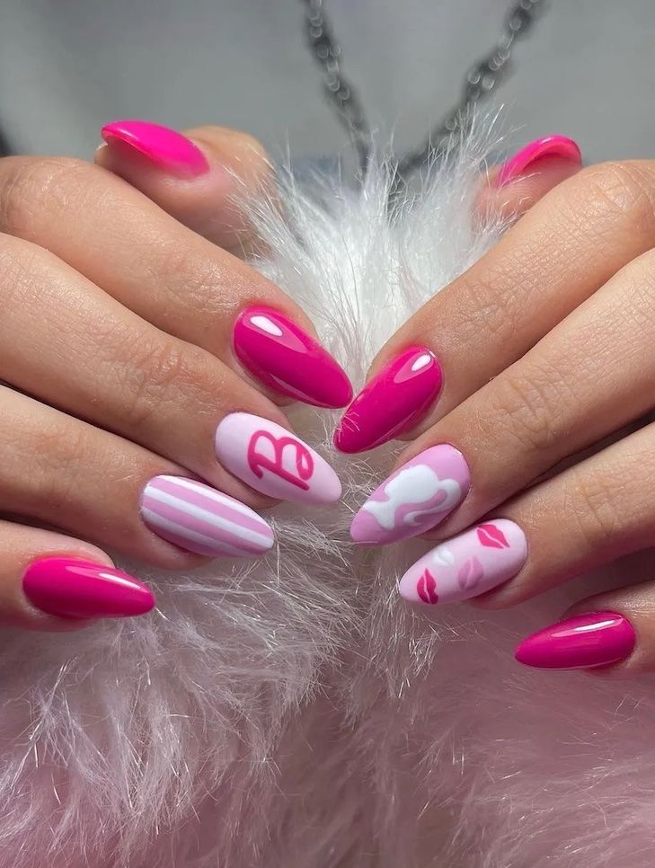 Eye-Catching Vibrant Pink Nail Design with Glossy and Matte Finishes