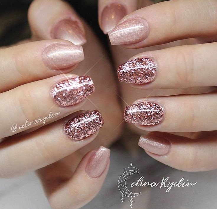 Chic Soft Pink Nail Design with Glittery Rose Gold Accents and Striped Details