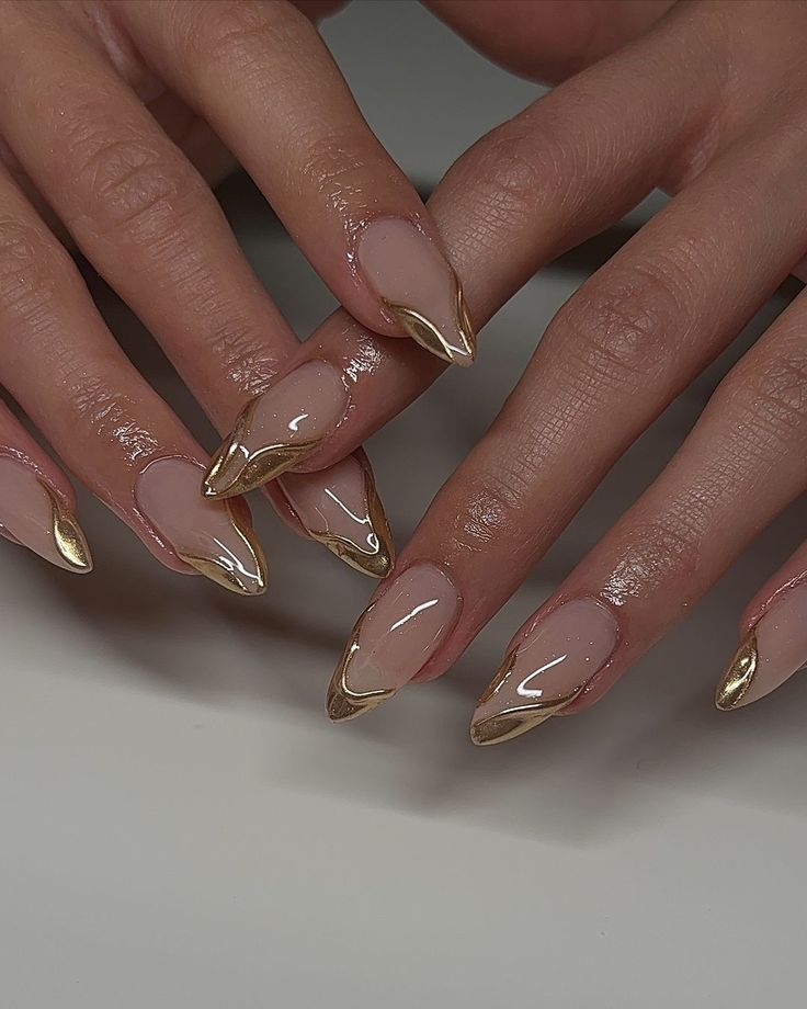 Chic Nude Base with Golden Tips: Elegant Tapered Nail Design for Any Occasion