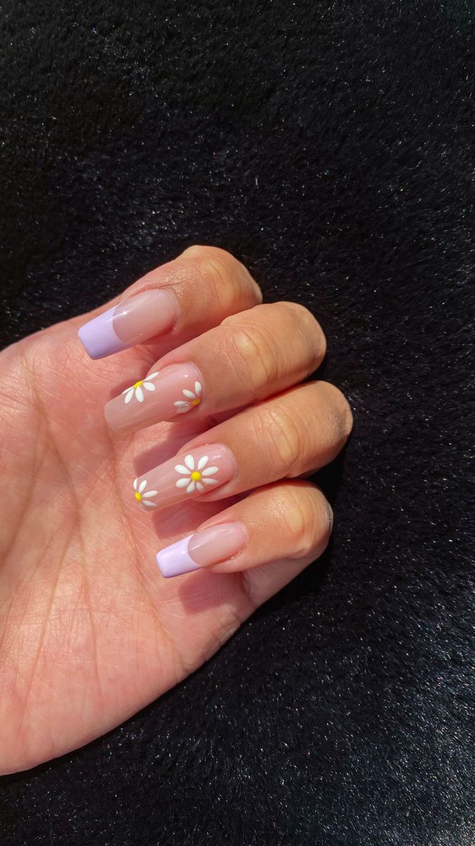 Playful Elegance: Translucent Pink and Lavender Nail Design with White Daisies