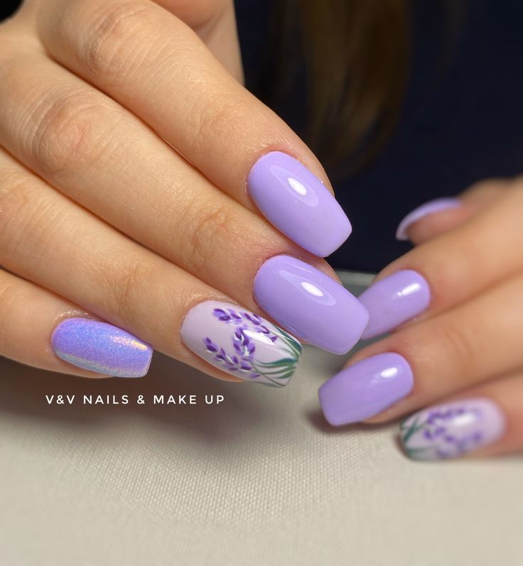 Elegant Lavender-Inspired Nail Design with Glossy Finish and Floral Accents