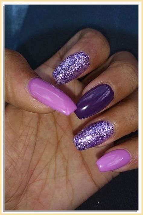 Playful Elegant Nail Design in Purple and Pink with Glossy Finish and Glitter Accents