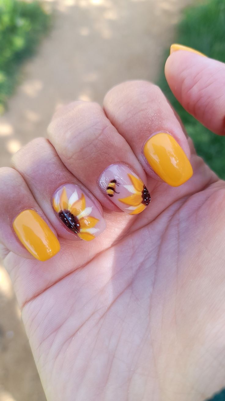 Cheerful Spring Sunflower Nail Design with Bee Motif