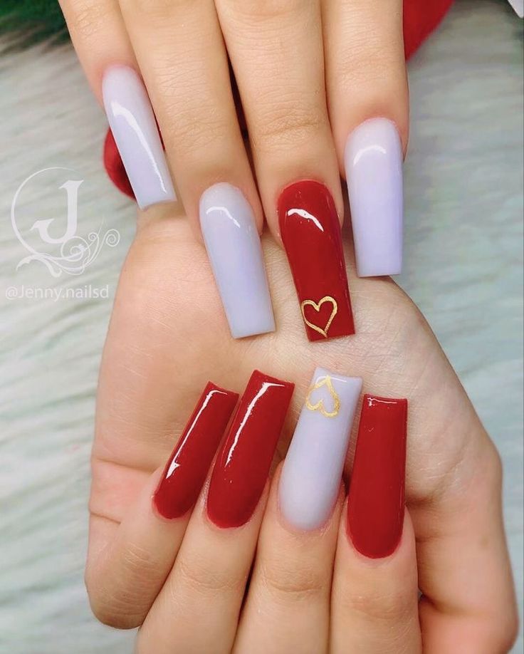 Elegant Red and Lavender Nail Design with Gold Heart Accents.