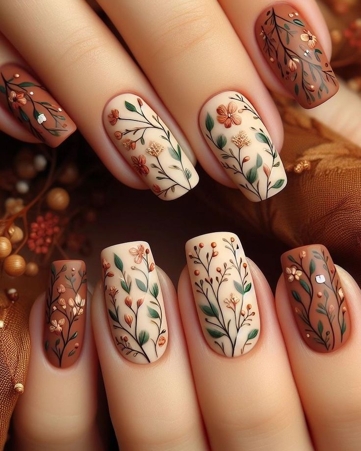 Intricate Hand-Painted Floral Nail Design in Earthy Autumn Tones for Nature Lovers