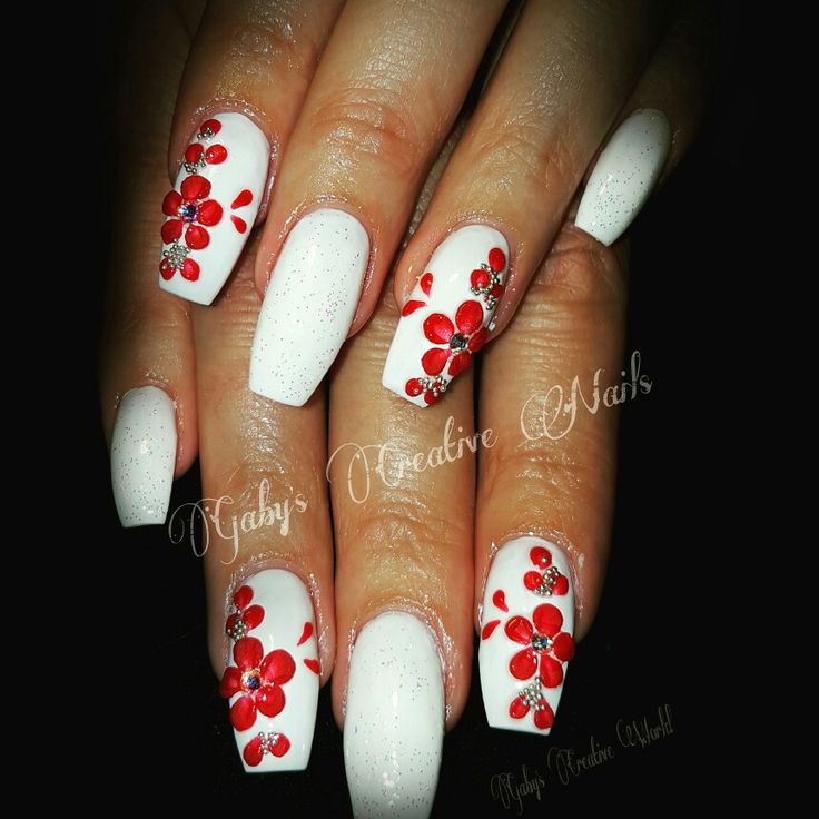 Vibrant Floral Nail Design: Elegant Red Flowers on White Background