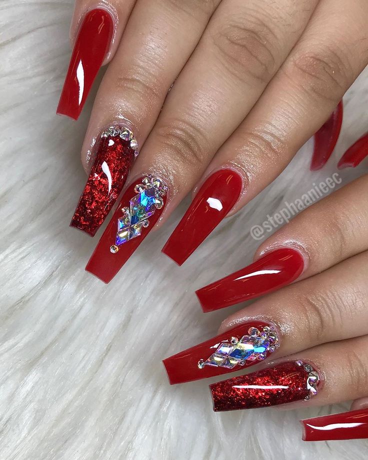 Red And White Nails With Rhinestones