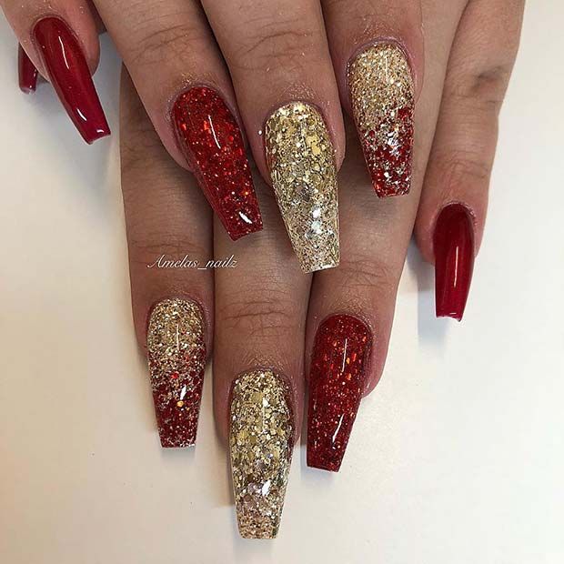 Glamorous Sparkling Red and Gold Nail Design for Special Occasions