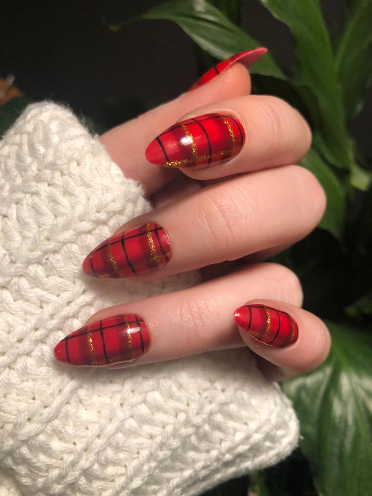 Chic Red and Gold Plaid Almond Nail Design for Any Occasion