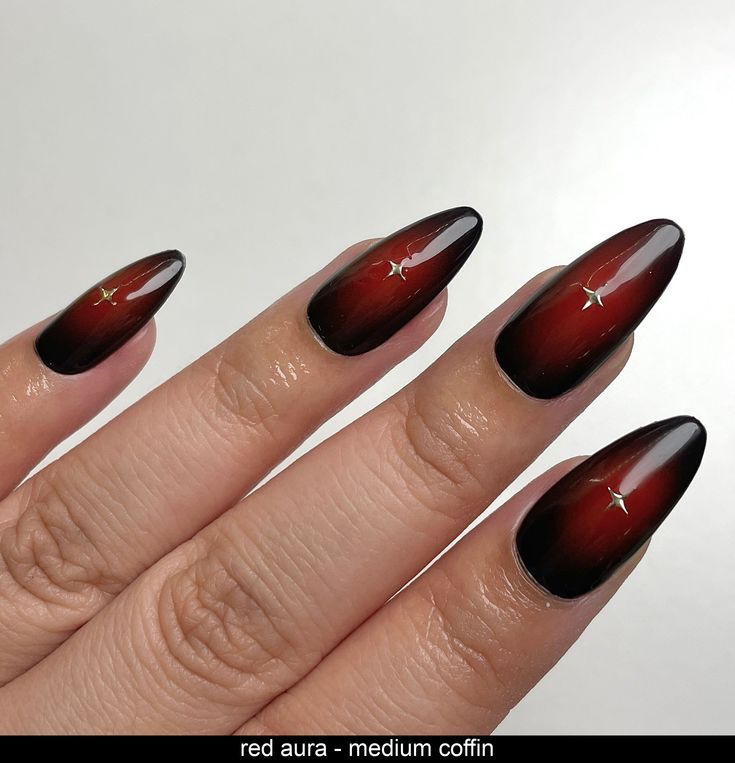 Bold Coffin-Shaped Nails with Striking Red-Black Gradient and Elegant Star Embellishments