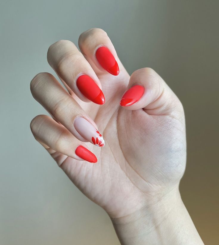 Chic Vibrant Red Nail Design with Glossy and Matte Finishes and Elegant Soft Pink Accent.