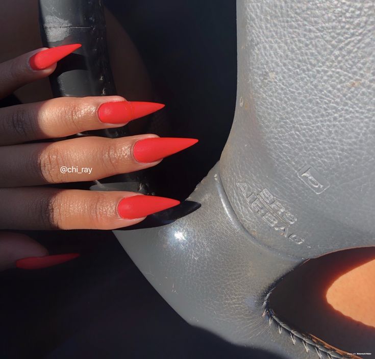 Vibrant Red Matte Stiletto Nails: A Chic Statement of Elegance and Confidence.