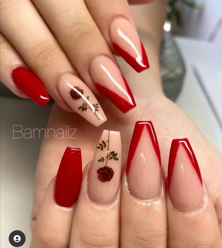 Chic Elegant Nail Art: Bold Red and Soft Nude with Intricate Floral Motifs