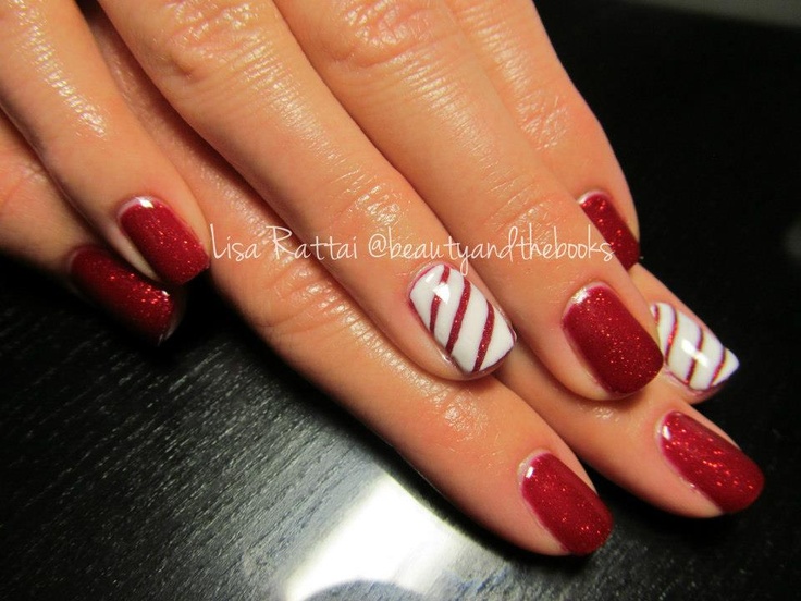 Elegant Holiday Nail Art: Glamorous Red Gloss and Glitter with Festive Stripes