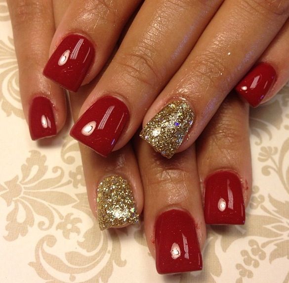 Chic Classic Red Nails with Sparkling Gold Glitter Accents for Festive Elegance.