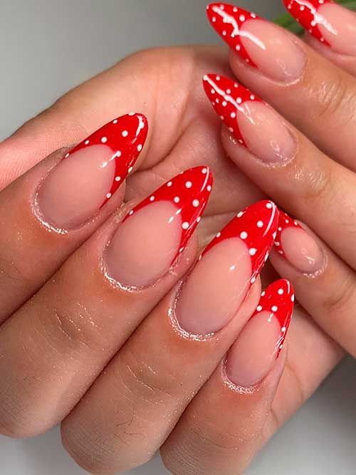 Playful Polka Dot French Tip Nail Design in Vibrant Red