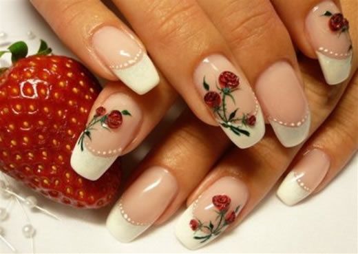 Elegant Floral Nail Design with Roses, French Tips, and Pearl Accents