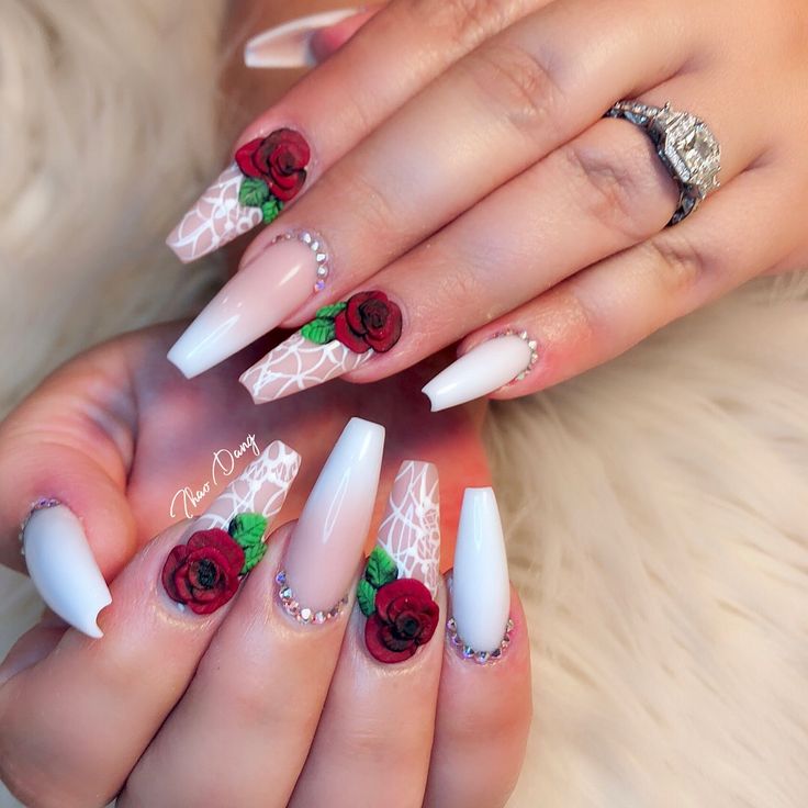 Romantic, Stylish Nail Design with Intricate Rose Patterns and Rhinestones