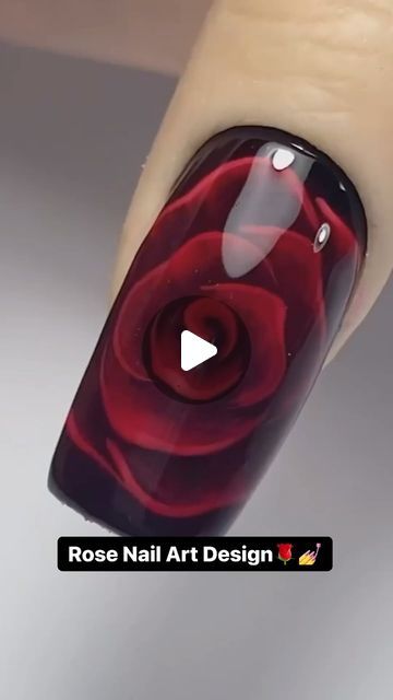 Elegant Floral Nail Art Featuring a Realistic Deep Red Rose on a Dark Background.