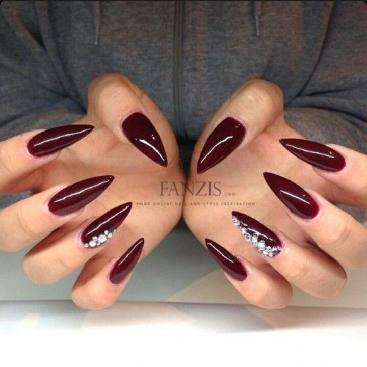 Glamorous Burgundy Almond-Shaped Nails with Subtle Rhinestone Accents