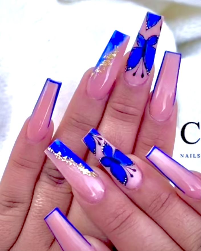 Elegant Blue Butterfly Nail Design with Chic French Tip and Golden Accents.