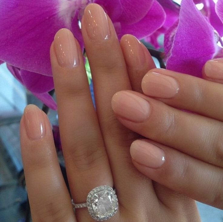 Sophisticated Elegant Nude Nail Design with Glossy Finish and Statement Ring.