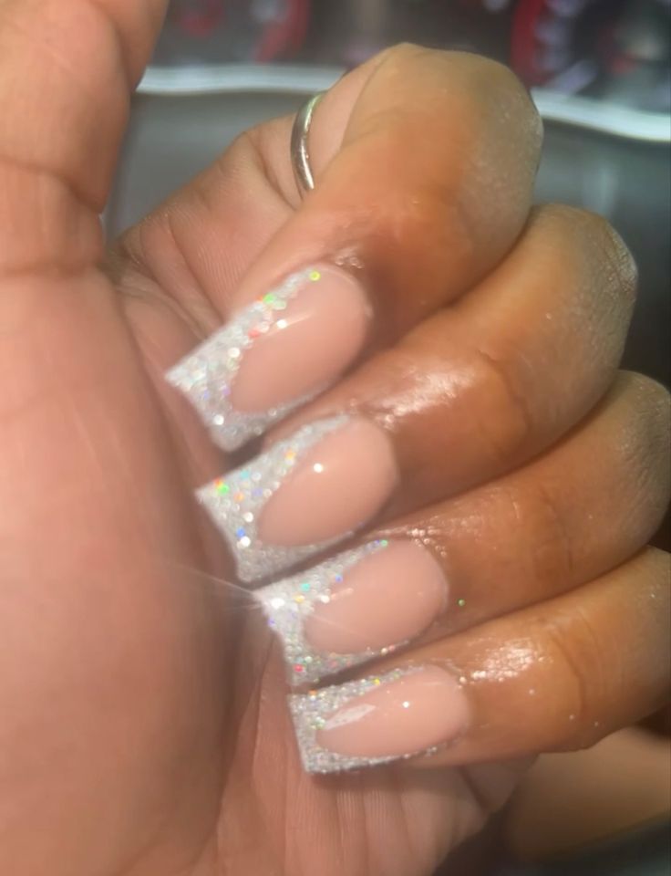 Chic Nude Nail Design with Glittery Tips for Effortless Glamour