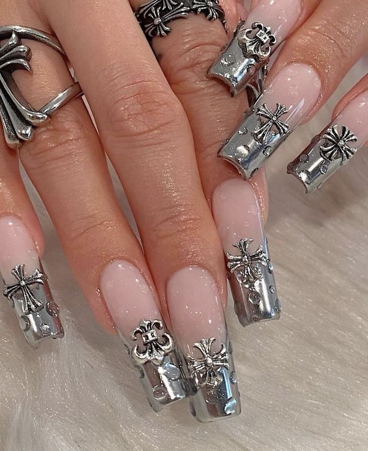 Sophisticated Silver Accent Nails with Dramatic Metallic Tips and Intricate Charms