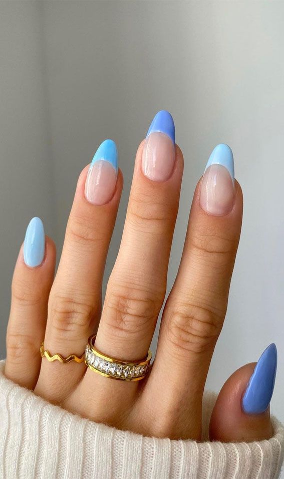 Modern French Tip Nail Design: Chic Blue and Nude Elegance for Any Occasion