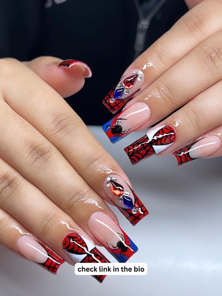 Vibrant Spider-Themed Nail Art for Comic Book Enthusiasts.