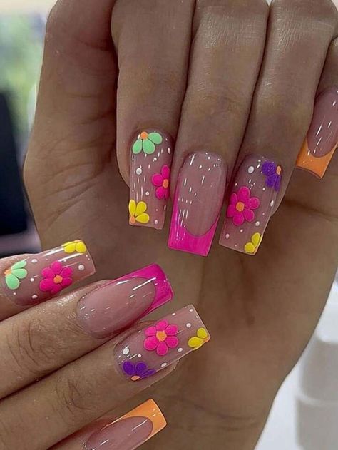 Vibrant Floral Nail Design: Playful Spring Glam with Soft Nude Base