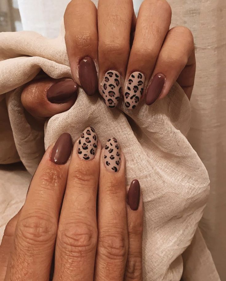 Chic Nail Design: Elegant Deep Brown and Neutral Tones with Trendy Leopard Accents.