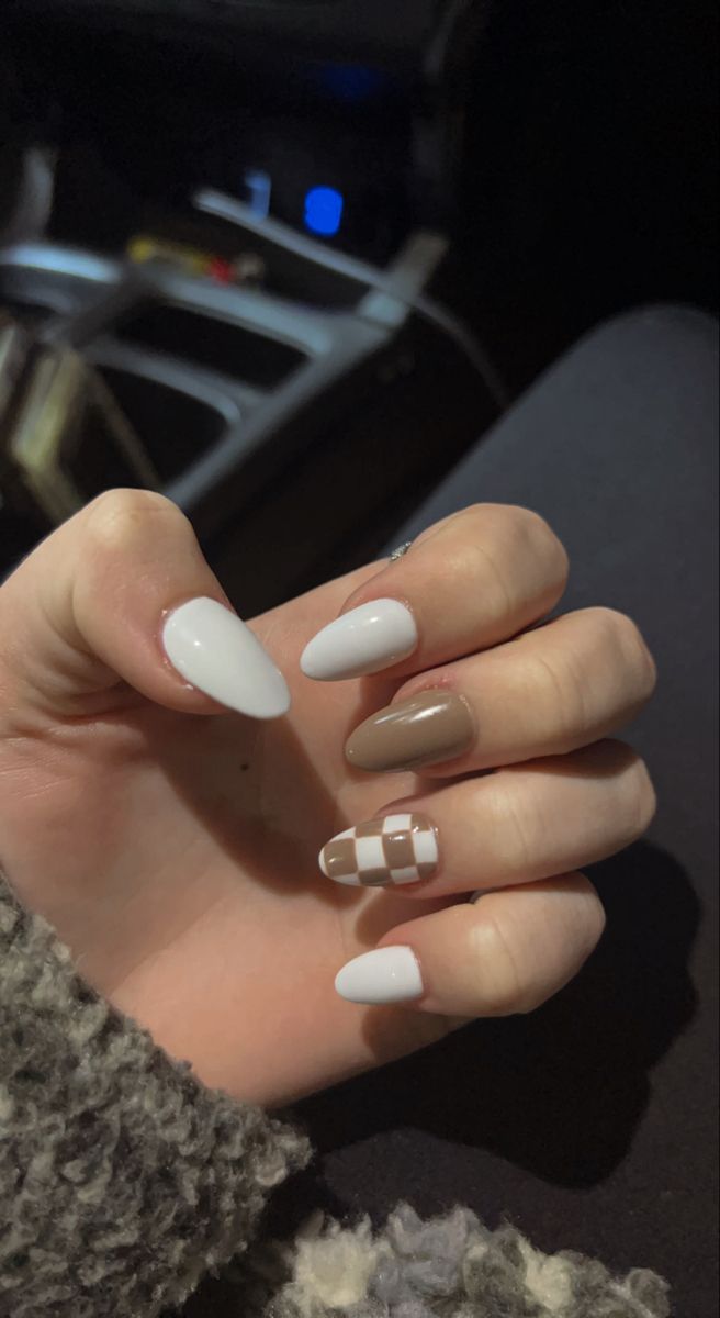 Elegant Almond-Shaped Nails with Glossy White, Soft Beige, and Chic Checkered Accent Design.