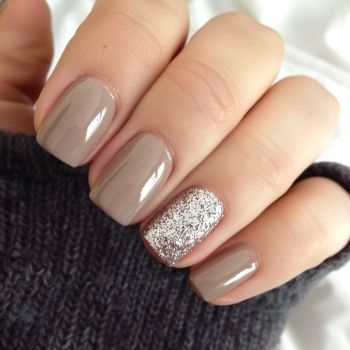 Chic Taupe and Silver Nail Design: A Sophisticated Sparkle for Any Occasion.