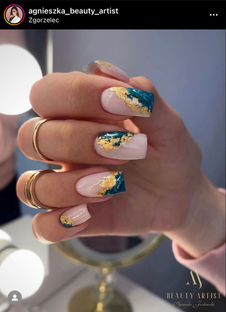 Chic Modern Nail Design: Soft Pink Base with Rich Teal Accents and Sophisticated Gold Foil Details.