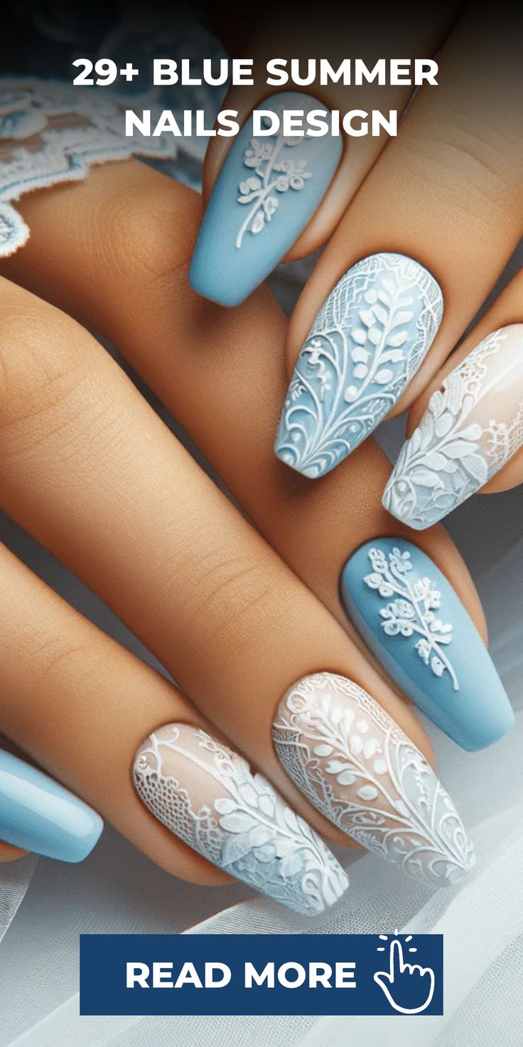 Refreshing Elegant Blue Summer Nail Designs with Intricate White Patterns