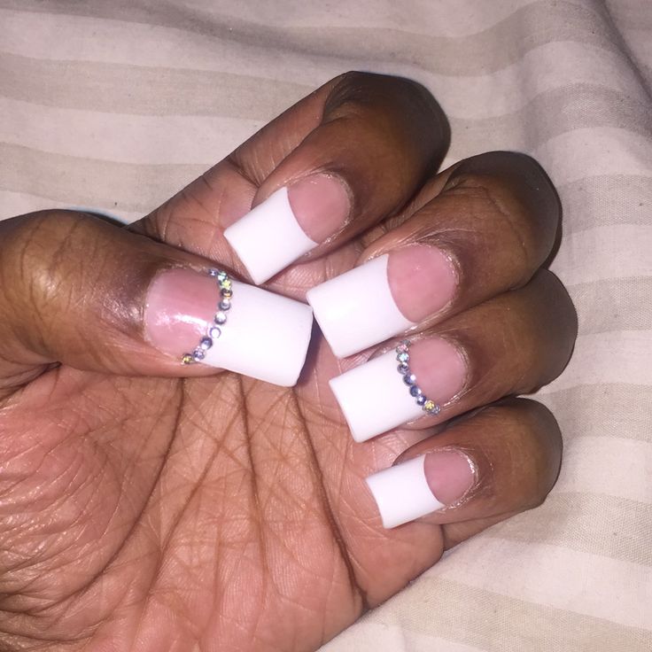 Sophisticated Elegant Acrylic Nails with Glossy White Tips and Rhinestone Accents